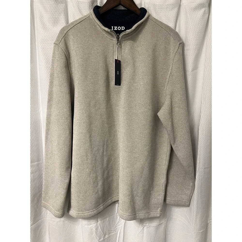 NWT Men's IZOD 1/4 Zip Pullover Jacket‎ Chest Pocket Beige XL Rock Heather